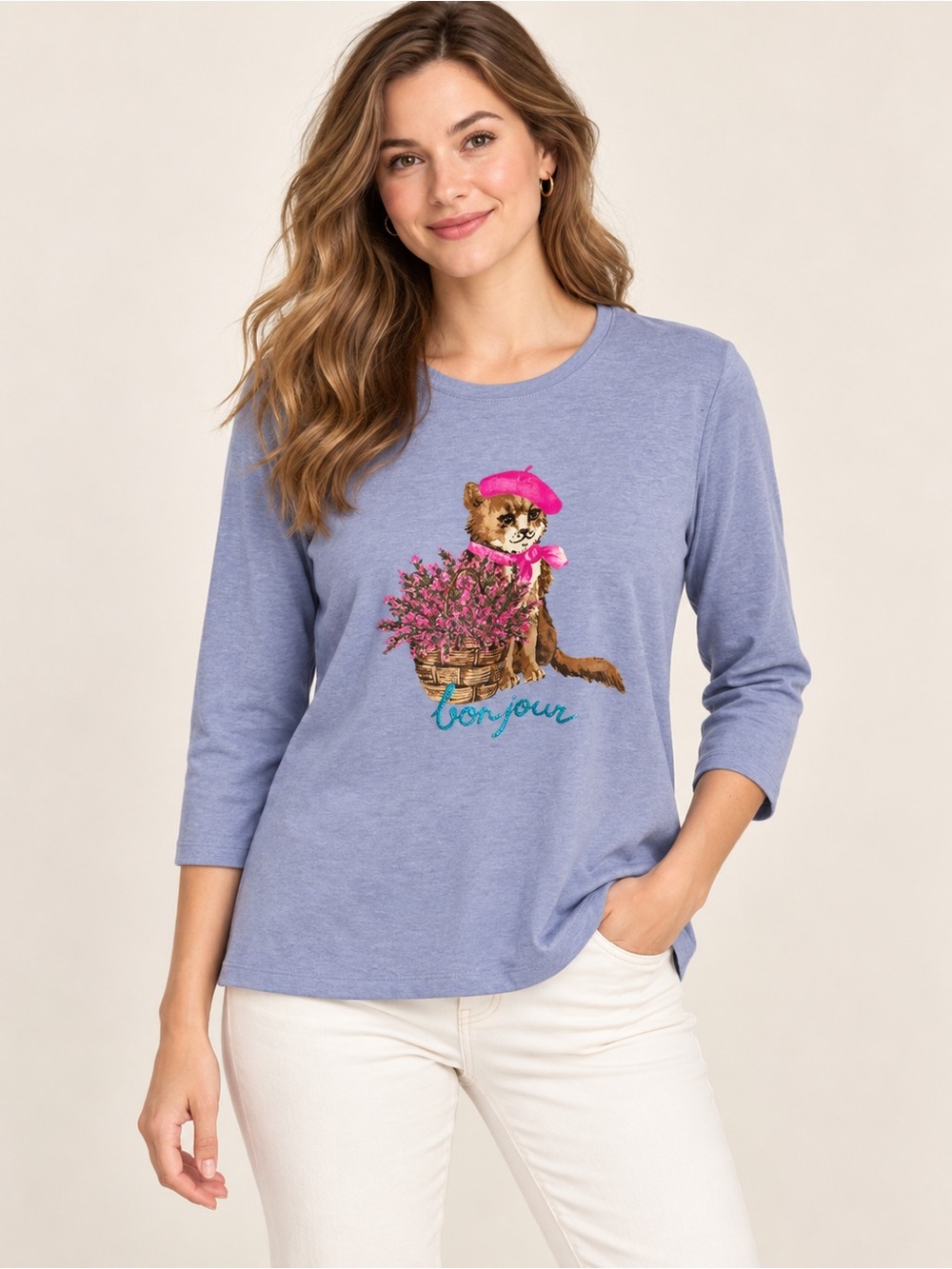 Kim Rogers Lavender-Blue Cat Graphic 3/4 Sleeve Tee